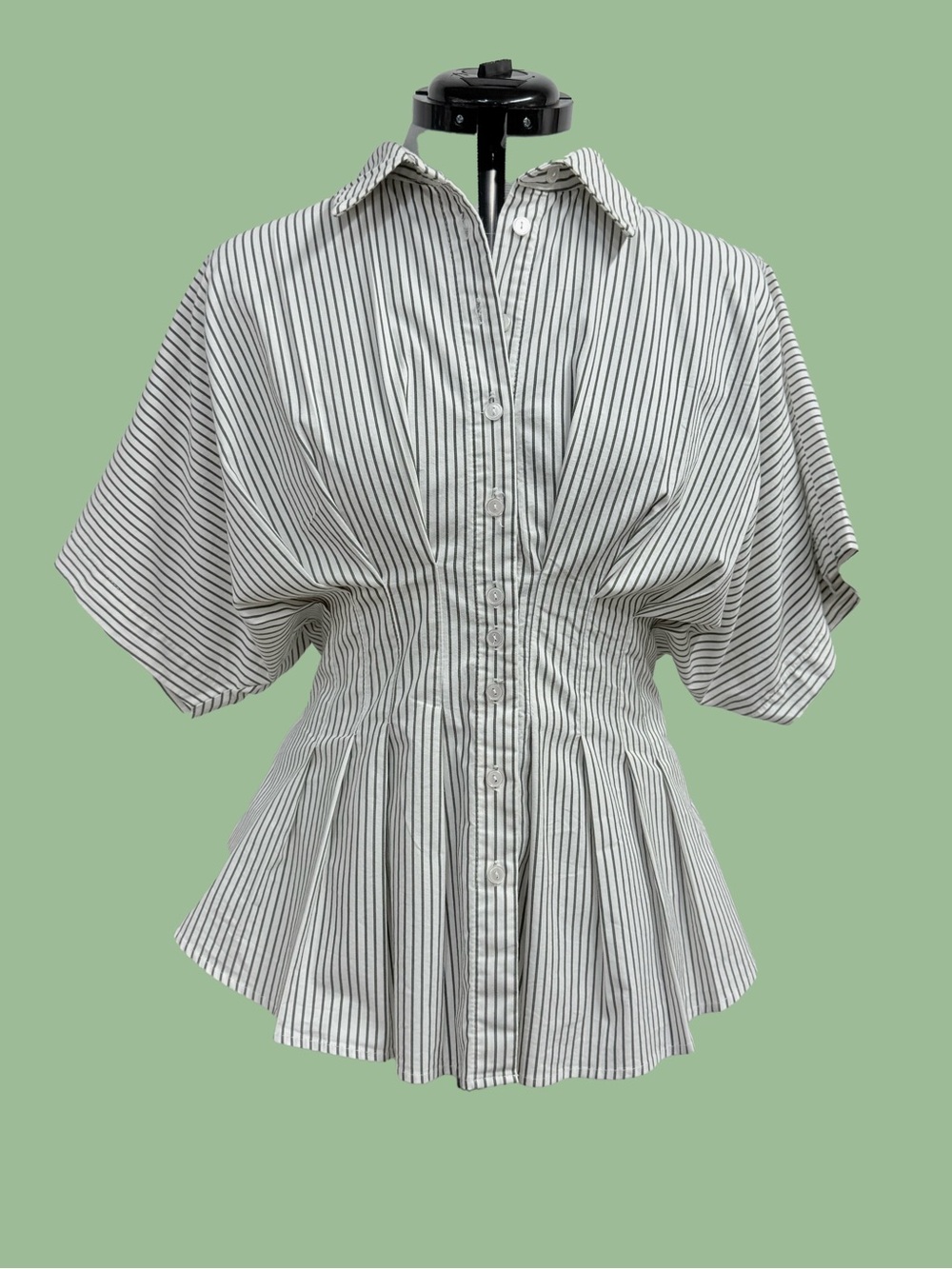 Exquise Anthropologie Maven Shirt Khaki Green & Bone Striped